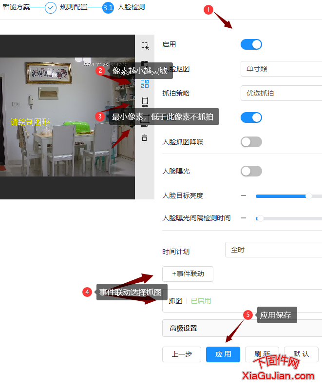 这步也是很重要的一步，选择启用人脸检测，人脸抠图可以选择单寸照，根据自己的喜好去选择，抓拍策略，选择优选抓拍，所谓优选抓拍，也就是让摄像头抓拍人脸时选择最优的图片，人脸抓图降噪，你可以选择启用。根据现场的环境去调试，人脸曝光这个效果，不知道好不好用，自己可以去选择，不是重要选项，现在来说一说最重要的就是像素像素越小越灵敏，以及最小像素，所谓最小像素，就是当低于这个像素时，摄像头不抓拍人脸，选择事件，联动事件，联动选择抓图，这个是很重要的一步，然后点击应用保存
